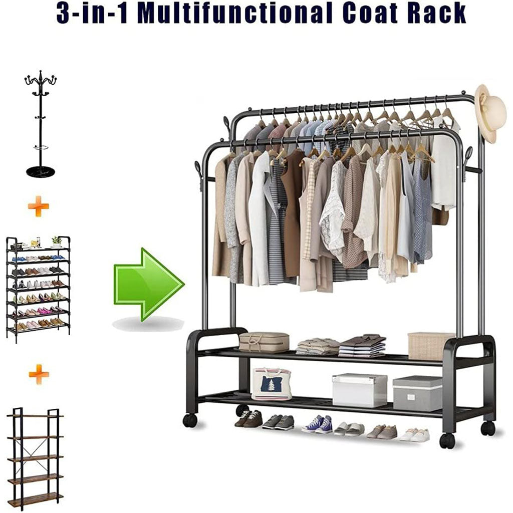 Porte-manteau sur pied à deux niveaux avec roulettes en métal YP-610 – علاقة ملابس