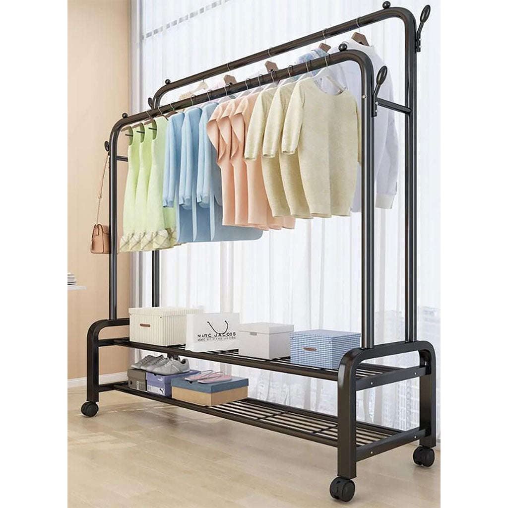 Porte-manteau sur pied à deux niveaux avec roulettes en métal YP-610 – علاقة ملابس