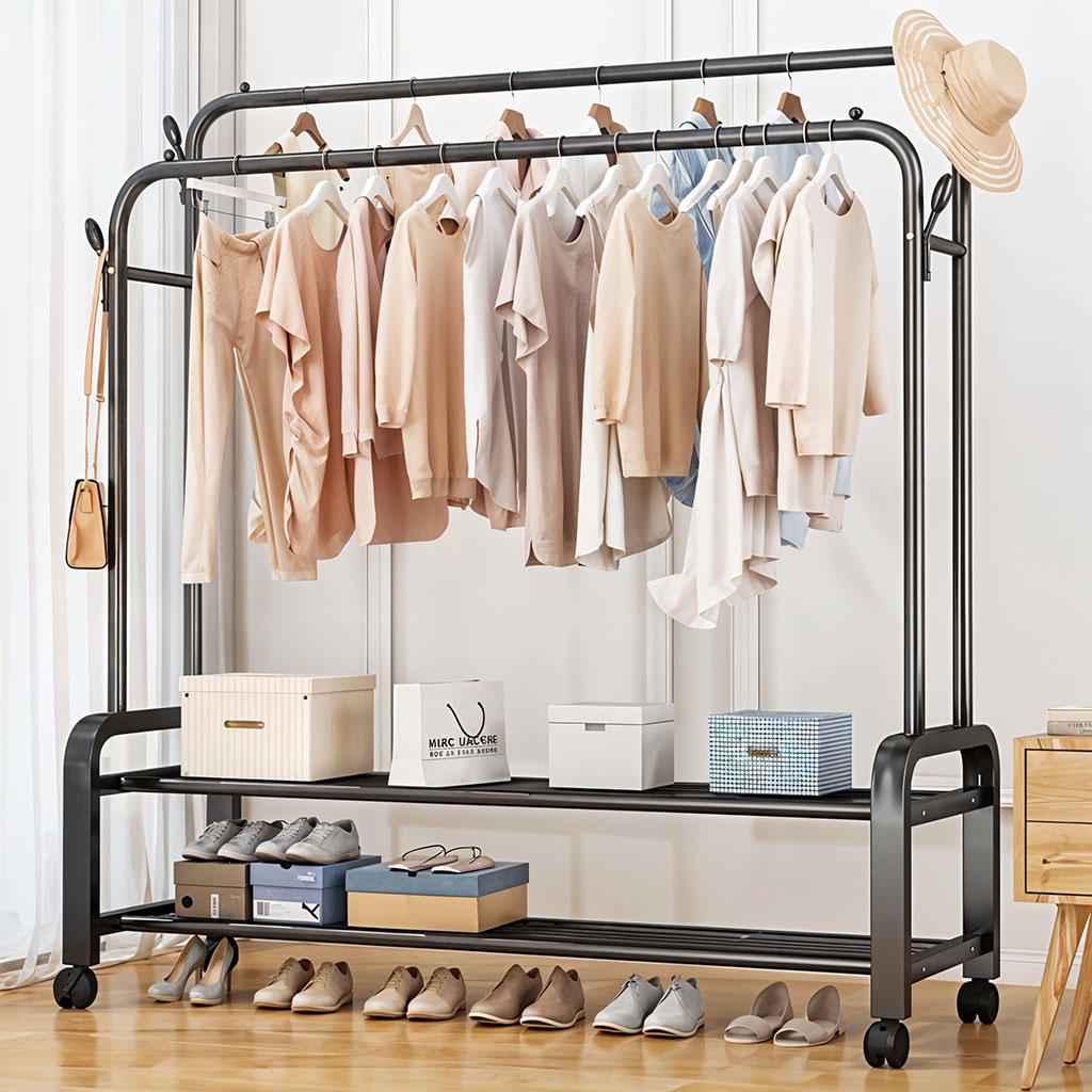 Porte-manteau sur pied à deux niveaux avec roulettes en métal YP-610 – علاقة ملابس