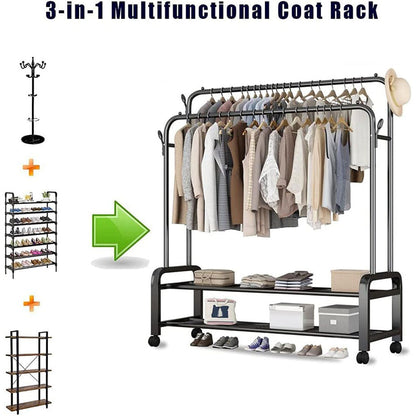 Porte-manteau sur pied à deux niveaux avec roulettes en métal YP-610 – علاقة ملابس